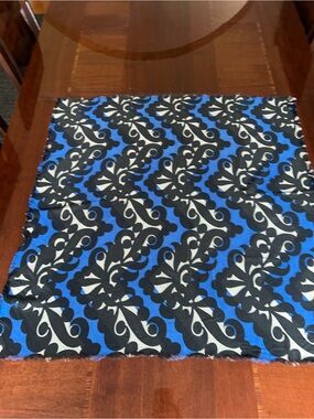 Blue, Black & White Patterned Scarf 30“ x 30“ multicolored unfinished edge